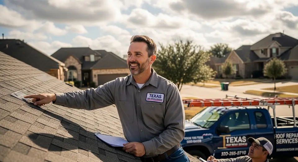 Professional roofing contractors fixing residential roof Texas