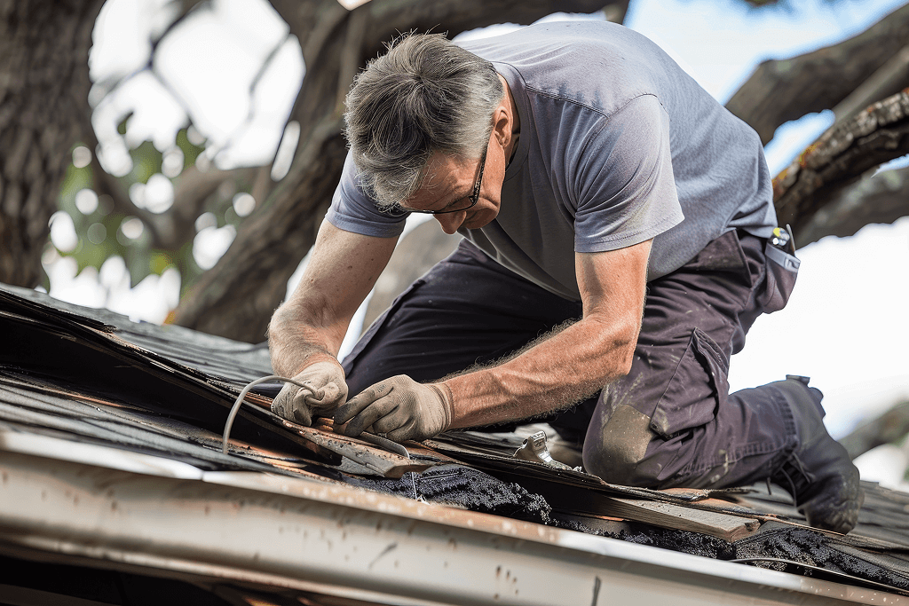 Man performing storm damage roof repairs, assessing and fixing shingles, surrounded by tree branches, emphasizing emergency roof repair services in Texas.